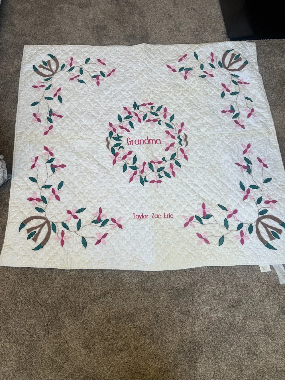 Personalized 'Grandma' White Quilted Throw with Pink & Green Floral Appliqué